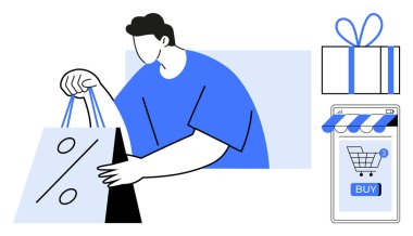 Çevrimiçi alışveriş torbaları tutan ve yanında satın alma düğmesi olan indirimli hediye kutusu ve akıllı telefon taşıyan kişi e-ticaret, çevrimiçi alışveriş, perakende tanıtım, satış, satış için ideal.