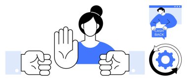 El hareketini durduran bir kişi, nakit arkası işareti olan bir kişinin küçük bir pencere görüntüsü ve dairesel oklu bir vites. Finansal güvenlik, müşteri iadesi, kullanıcı ayarları, çevrimiçi için ideal