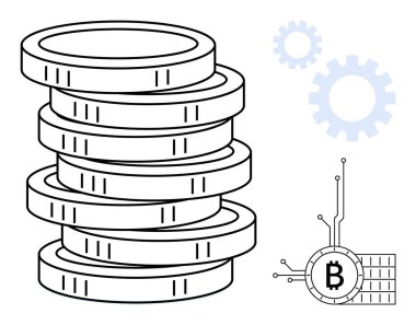 Bitcoin sembolünün yanına para yığını ve arka planda dişliler. Kripto para birimi, engelleme teknolojisi, dijital finans, fintech, yatırım için ideal. Çizgi sanatı