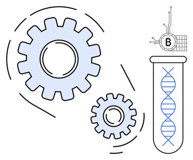 Büyük ve küçük dişliler, dijital para birimi ikonu olan bir test tüpünün içindeki DNA sarmalının yanında teknolojik odaklı bir görüntü oluşturur. Teknoloji yeniliği, biyoteknoloji, dijital finans ve mühendislik için ideal