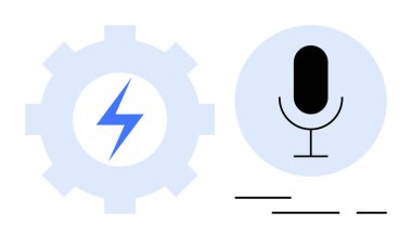 Mavi bir dairede, mikrofonun yanında mavi yıldırımlı bir vites. Teknoloji, ses sistemleri, güç dinamikleri, mühendislik ve dijital medya için ideal. Modern basit tasarım