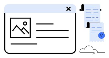 Resim yer tutucu, metin satırları ve altında bulut olan bir kaydırma belgesine sahip tarayıcı penceresi. Web tasarımı için ideal, dijital içerik, çevrimiçi makaleler, belge yönetimi