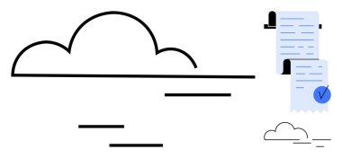 Veri makbuzları olan bir bulutun taslağı. Bulut depolama, veri yönetimi, çevrimiçi hizmetler, dijital makbuzlar ve belgeler için ideal. Basit, minimalist stil