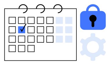 Bir tarihte bir kontrol işaretli takvim ızgarası Güvenlik için bir mavi kilit sembolü ve bir gri, görev yönetimi için ideal ayarlar için donanım güvenlik ayarları ve Modern düz stil planlama