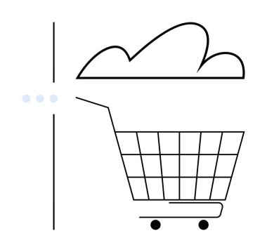 Bulutların altında alışveriş arabası minimalist bir zemine karşı. E-ticaret, bulut bilgisayarı, online alışveriş, veri depolama ve perakende teknoloji temaları için ideal. Basit çizgi sanatı biçimi
