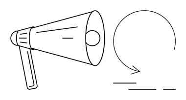 Megafon sesi bir konuşma balonuna yönlendiriyor. İletişim, pazarlama, topluluk önünde konuşma, duyurular ve sosyal medya için ideal. Basit ama etkili bir şey. Siyah ve beyaz. Çizgi sanatı