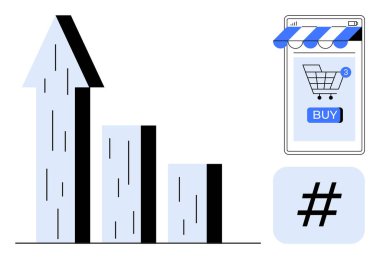 Yukarı doğru oklu bar tablosu, tebligatlı mobil alışveriş uygulaması ve hashtag sembolü. E-ticaret, sosyal medya pazarlaması, iş büyümesi, dijital reklamcılık ve çevrimiçi trendler için ideal. Düz