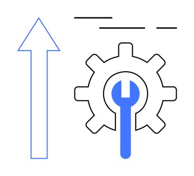 Ok, içinde ingiliz anahtarı olan dişli bir dişlinin yanında yukarı bakıyor. Gelişme ve verimlilik temalarını gösteriyor. Ticari büyüme için ideal, teknoloji gelişimi, süreç optimizasyonu, mekanik