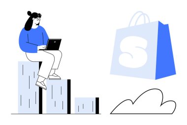 Kadın, büyük bir alışveriş çantasıyla grafik çubuklarında otururken dizüstü bilgisayar kullanıyor. Finans, iş büyümesi, e-ticaret, teknoloji, dijital pazarlama için ideal. Basit, minimalist stil