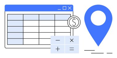 Satır, sütun, konum iğnesi ve finansal hesaplamaları gösteren hesap çizelgeleri. Finans, veri analizi, bütçe, navigasyon, dijital araçlar için ideal. Temiz, modern