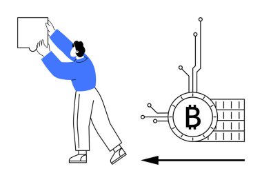 Mavili bir adam Bitcoin sembolünün yanında dijital para birimini ve engelleme teknolojisini temsil eden bir yapboz parçası tutuyor. Finans, kripto para birimi, problem çözme, engelleme zinciri için ideal