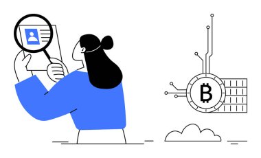 Elinde büyüteç tutan kişi dijital profili incelerken Bitcoin sembolü yakınlarda geziniyor. Engelleme zinciri, kripto para birimi, dijital güvenlik, kimlik doğrulama, teknoloji trendleri için ideal. Düz