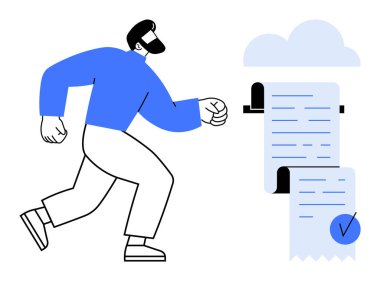 Mavi gömlekli ve beyaz pantolonlu sakallı adam bulutun yanındaki büyük belgelere doğru yürüyor. İş için ideal, belgeler, çalışma süreçleri, bulut depolama ve üretkenlik temaları. Minimalist vektör