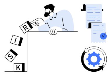 Adam, etiketli bir yığın bloğun düşme riskini durduruyor. Yanında işaretli bir belge ve bisiklet okunun içinde vites sembolü var. Risk yönetimi, uyum, iş stratejisi ve süreç için ideal
