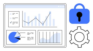 Vektör sanatı, çizgi ve pasta grafikleri olan bir veri analizi paneli gösteriyor. Yanında mavi bir kilit ve vites simgesi var. Analiz, veri görselleştirme, siber güvenlik, yazılım ayarları, iş için ideal