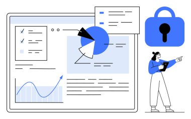 Büyük bir asma kilit ikonu ile birlikte dosya ve belgelerle dijital bir gösterge panelini gösteren bir kişi. Veri güvenliği, analitik, bilgi koruması, teknoloji ve iş sunumları için ideal