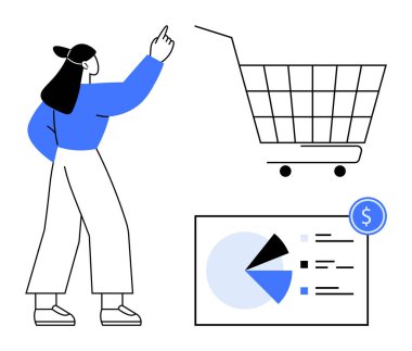 Kadın el arabasına bakıp pasta tablosuna bakıyor. Perakende işi, çevrimiçi alışveriş, e-ticaret analizi, satış verilerinin görselleştirilmesi ve finansal planlama için ideal. Basit vektör biçimi. Siyah mavi