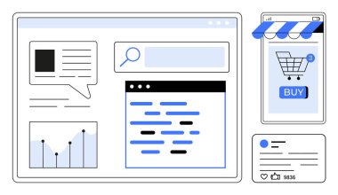 Çeşitli dijital kullanıcı arayüzü unsurları arasında bir arama çubuğu, konuşma balonu, online alışveriş arabası tebligatı, sosyal medya iletisi ve analitik çizelgesi yer alıyor. Web tasarımı için ideal, e-ticaret, dijital