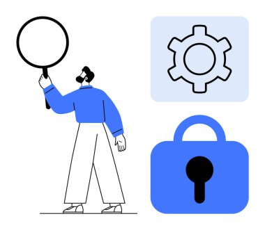 Bir büyüteç tutan kişi vites sembolü ve asma kilit ikonunun yanında durur. Güvenlik bakımı, araştırma analizi, çevrimiçi mahremiyet, dijital araçlar ve sistem optimizasyonu için ideal