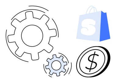 Vitesler, bir alışveriş çantası ve e-ticaret, ticaret, teknoloji ve finans arasındaki bağlantıyı temsil eden bir dolar sikke sembolü. Çevrimiçi perakende satış, üretkenlik, otomasyon ve yenilik için ideal