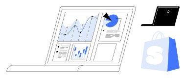 Ekranda veri grafikleri, grafikleri ve analizleri olan açık bir laptop. İş, veri analizi, teknoloji, e-ticaret ve dijital pazarlama için ideal. Bir alışveriş çantası ve kapalı bir laptop içerir