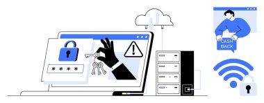 Asma kilit ikonlu bir laptop, el ele tutuşan anahtarlar, bir uyarı işareti, bir bulut, nakit geri ödeme teklifi, bir sunucu, kablosuz sembol. Siber güvenlik, çevrimiçi güvenlik, veri koruması, İnternet suçları için ideal
