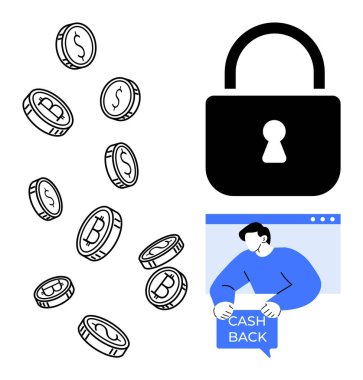 Dolar ve bitcoin sembollü sikkeler, güvenli bir kilit ve elinde nakit para işareti olan bir kişi. Kripto para birimi, finans güvenliği, çevrimiçi işlemler, ödül programları ve dijital tasarruflar için ideal. Kalın