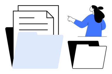 Bir iş kadını, organizasyon ve evrak işlerini vurgulayan belge ve dosyalara işaret eder. İş, yönetim, belge yönetimi, ofis işleri ve sunum temaları için ideal. Minimalist