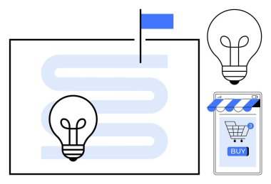 Ampul simgeleri, bayraklı bir harita, ve online alışveriş arabası gösteren bir akıllı telefon ve e-ticaret, çevrimiçi mağazalar, navigasyon, teknoloji entegrasyonu ve yenilikçi