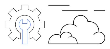 Teçhizatlı siyah çizgi ve sağdaki soldaki bulut üzerinde İngiliz anahtarı. Minimalist tarzda. Bulut hesaplama, veri depolama, teknik destek, yazılım hizmetleri ve çevrimiçi bakım için ideal
