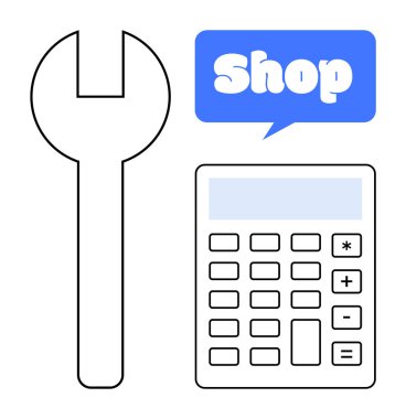 Hesap makinesinin yanında içinde Dükkan sözcüğü olan mavi konuşma baloncuğu olan bir anahtarın vektör görüntüsü. E-ticaret mekanik onarımlar için ideal online mağazalar finansal hesaplamalar perakende alışverişi