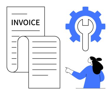 Bir fatura belgesinin basit resmi ve içinde İngiliz anahtarı olan mavi vites simgesi. Mavi uçlu bir kadın da dahil. Finans, araç gereç, onarım hizmetleri, iş kavramları ve müşteri için ideal