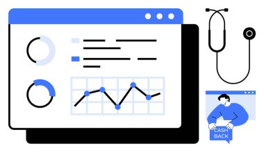 Çeşitli grafikler, steteskop ve çevrimiçi sağlık hizmetlerini sembolize eden küçük nakit para çekme resimli tıbbi veri analizi ekranı. Sağlık, teletıp ve sağlık hizmetleri için ideal