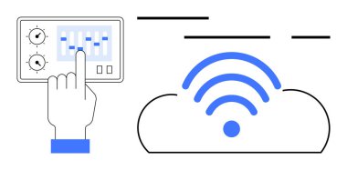 Bir el dokunmatik ekran arayüzündeki ayarları ayarlarken kablosuz sinyali olan bir bulut sembolü görünür. Minimalist tasarım. Teknoloji için ideal, bulut hesaplama, kablosuz iletişim, kontrol