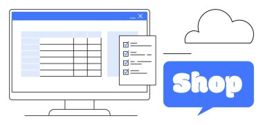 Bilgisayar monitörü, dükkan temalı bir konuşma balonu ve bir bulut simgesi eşliğinde dijital bir kontrol listesi ve veri tablosu gösteriyor. E-ticaret için ideal, çevrimiçi alışveriş, bulut hizmetleri, dijital
