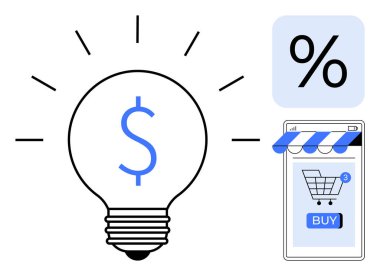 Dolar sembollü ampul, yüzde işareti kutusu ve alışveriş arabalı akıllı telefon ve satın alma düğmesi. Ticari fikirler, e-ticaret, çevrimiçi tasarruflar, dijital pazarlama, finansal büyüme için ideal. Modern