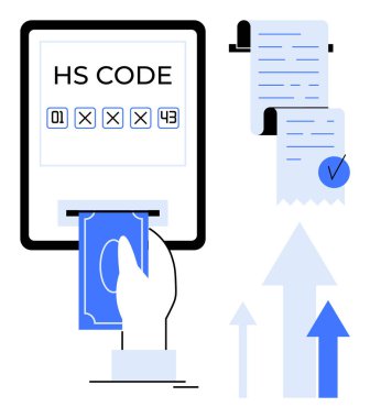 HS kodu ve makbuzu gösteren bir makineye elle para yerleştiriliyor. Ticaret, işlem, finans, otomasyon ve lojistik için ideal. Düz tasarım biçimi