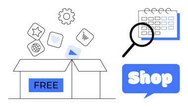 Üstünde alışveriş arabası, yüzen büyüteç, takvim ve dükkan yazan bir sohbet ikonu gibi simgelerle etiketlenmiş açık bir kutu. Çevrimiçi alışveriş promosyonları, e-ticaret, ücretsiz denemeler için ideal