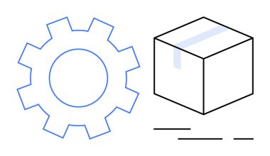 Mekanik ve teknolojik kavramları vurgulayan 3 boyutlu bir küpün yanında basit bir vites ana hatları. Mühendislik, teknoloji, endüstriyel tasarım, imalat ve makine temaları için idealdir. Asgari