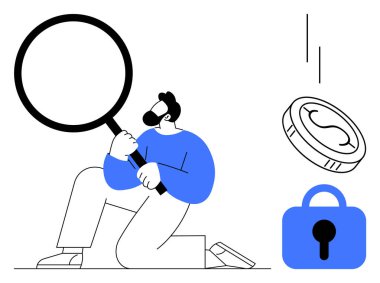 Elinde büyüteç tutan adam, madeni parayı ve kilidi inceliyor, mali güvenliğin incelenmesini sembolize ediyor. Finans, siber güvenlik, yatırım, analiz, araştırma için ideal. Basit modern grafik biçimi