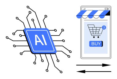 AI çipi, akıllı telefona bağlı, alışveriş arabası ve satın alma düğmesi var. E-ticaret teknolojisi, yenilik, yapay zeka, online alışveriş ve dijital için ideal