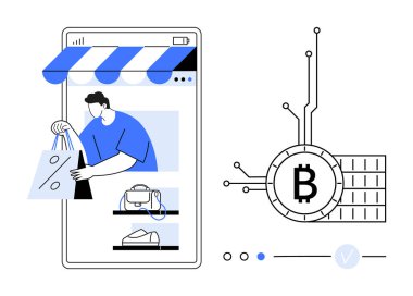 Adam akıllı telefondan bir şeyler satın alıyor. Çeşitli ürünler sergileniyor. Bitcoin sembollü dijital kripto para birimi simgesi. E-ticaret dijital işlemler için ideal alışverişin kripto para birimi geleceği