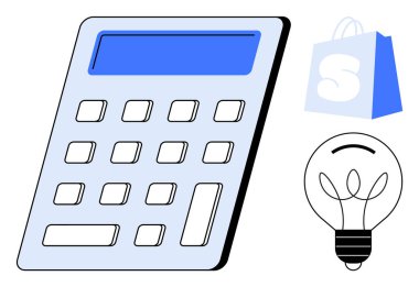 S ve ampullü bir alışveriş çantasının yanında büyük bir hesap makinesi. İş, finans, verimlilik, alışveriş, eğitim için ideal. Temiz ve asgari biçim