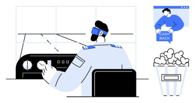 Görünür dijital arayüzleri olan modern bir kontrol odasını işleten bir pilot. Nakit destekli promosyon ve patlamış mısır da resmedildi. Teknoloji, seyahat, eğlence, promosyon, müşteri ödülleri için ideal