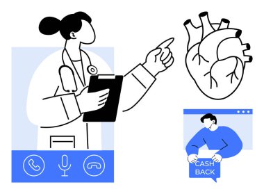 Elinde not panosu olan bir doktor, iletişim simgeleriyle birlikte bir kalp diyagramına işaret ediyor. Ayrıca elinde nakit para levhası tutan bir kişi de görülüyor. Sağlık hizmetleri, sağlık hizmetleri, finansal hizmetler için ideal