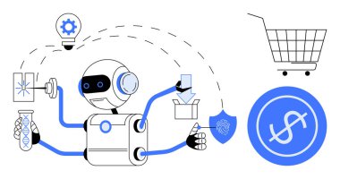 Birden fazla kolu olan robot, parmak izi taraması ve test gibi görevleri bir laboratuvar ortamında bir alışveriş arabası ampulü ve dolar işareti simgeleriyle yerine getiriyor. Teknoloji için ideal yapay zeka.
