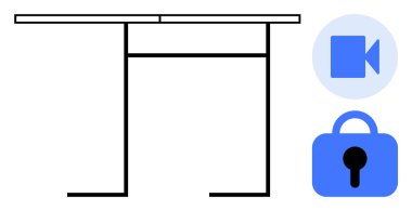 Video kamera ve kilit simgeleriyle minimalist bir tablo. Ofis ayarları, sanal toplantılar, çalışma alanları, güvenlik konuları ve dijital araç tartışmaları için ideal. Verimliliğe odaklanan basit tasarım