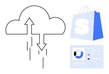 Yukarı ve aşağı okları olan bir bulut, bir alışveriş torbası ve bir veri analiz kağıdı gösteren bir resim. Bulut depolama, e-ticaret, veri transferi, online alışveriş ve dijital pazarlama için ideal. Minimalist