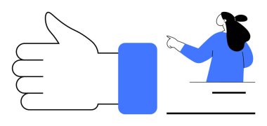 Sağ tarafı işaret eden birinin yanında büyük bir el ve baş parmak işareti. Onay bağlamları, olumlu geri bildirim, sosyal medya, takım çalışması teşvikleri ve destekleyici mesajlar için ideal. Basit modern satırlar