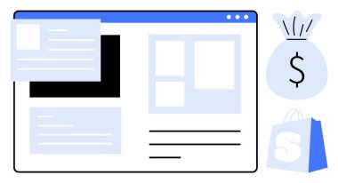 Bir web arayüzü düzeni, içinde dolar işareti ve alışveriş çantası olan bir çantanın finansal sembolü ile gösterilir. Çevrimiçi perakende satış, e-ticaret, web tasarımı, çevrimiçi alışveriş ve mali işlemler için ideal